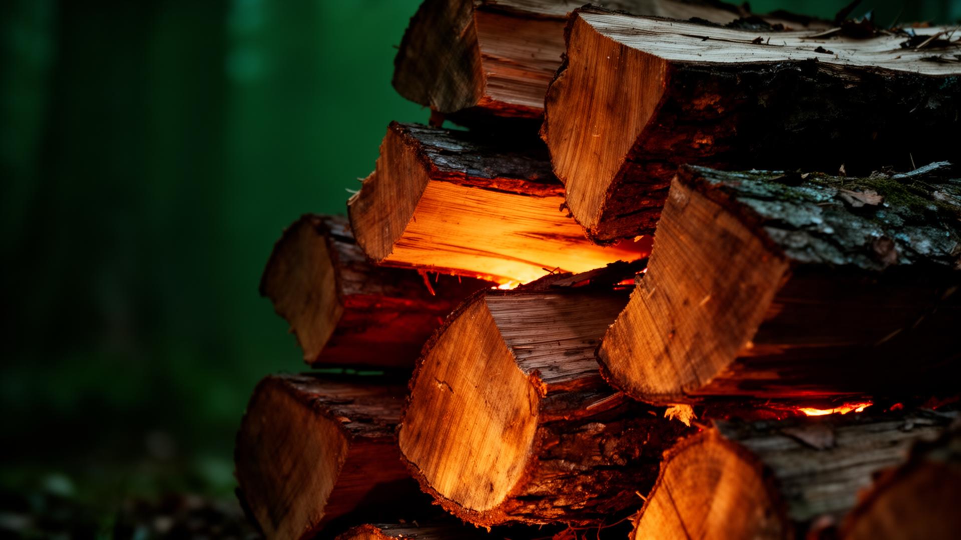 Stapel hochwertigen Grillholzes mit warmer Glut